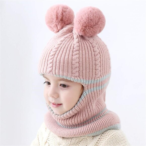 🆕 Baby Girls Pink Winter Warm Scarf Shawl Hat Knit Cute Face Cover Balaclava - Picture 2 of 4